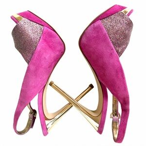GUESS Hot Pink Glitter Peep-Toe Slingback Heels